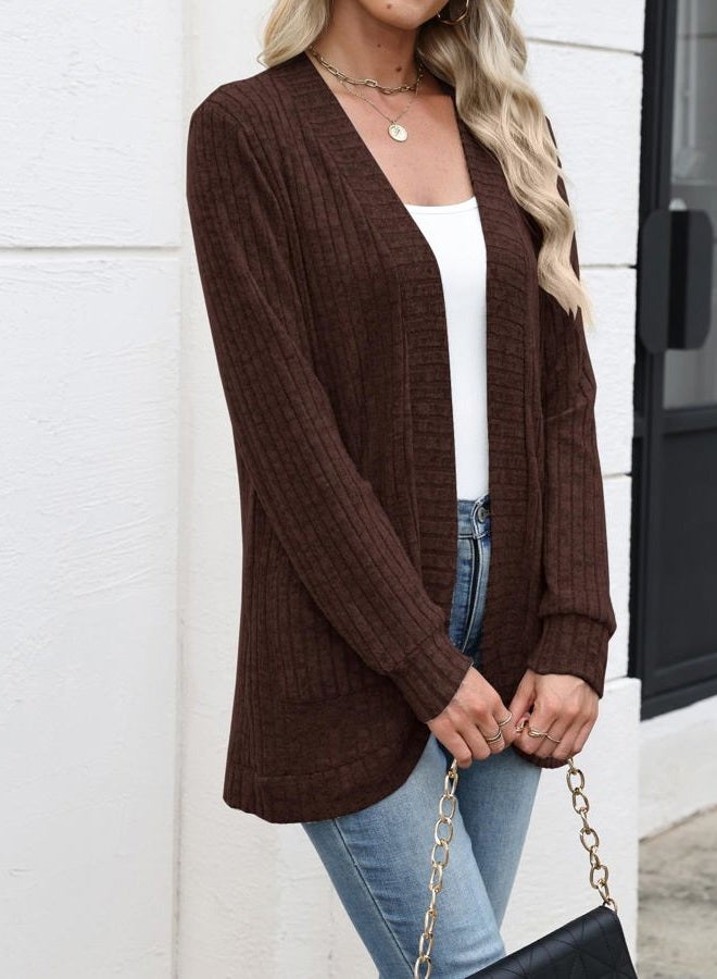 Halife Women's Fashion Cardigan Sweaters Lightweight Open Front Long Sleeve Casual Thin Cardigans with Pockets, Brown, S - Image 3