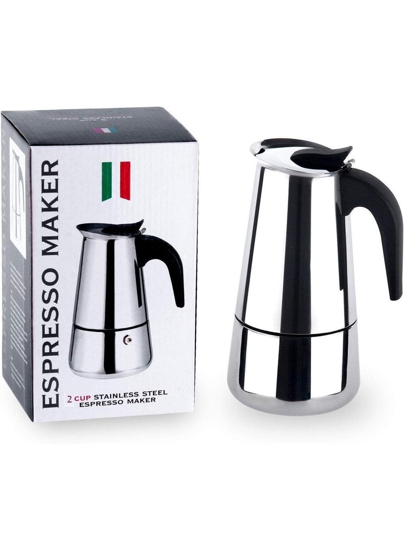 Coffee Pot Oven Espresso Maker Stainless Steel Italian Fire Coffee Maker (2 Cups, Silver) - Image 1