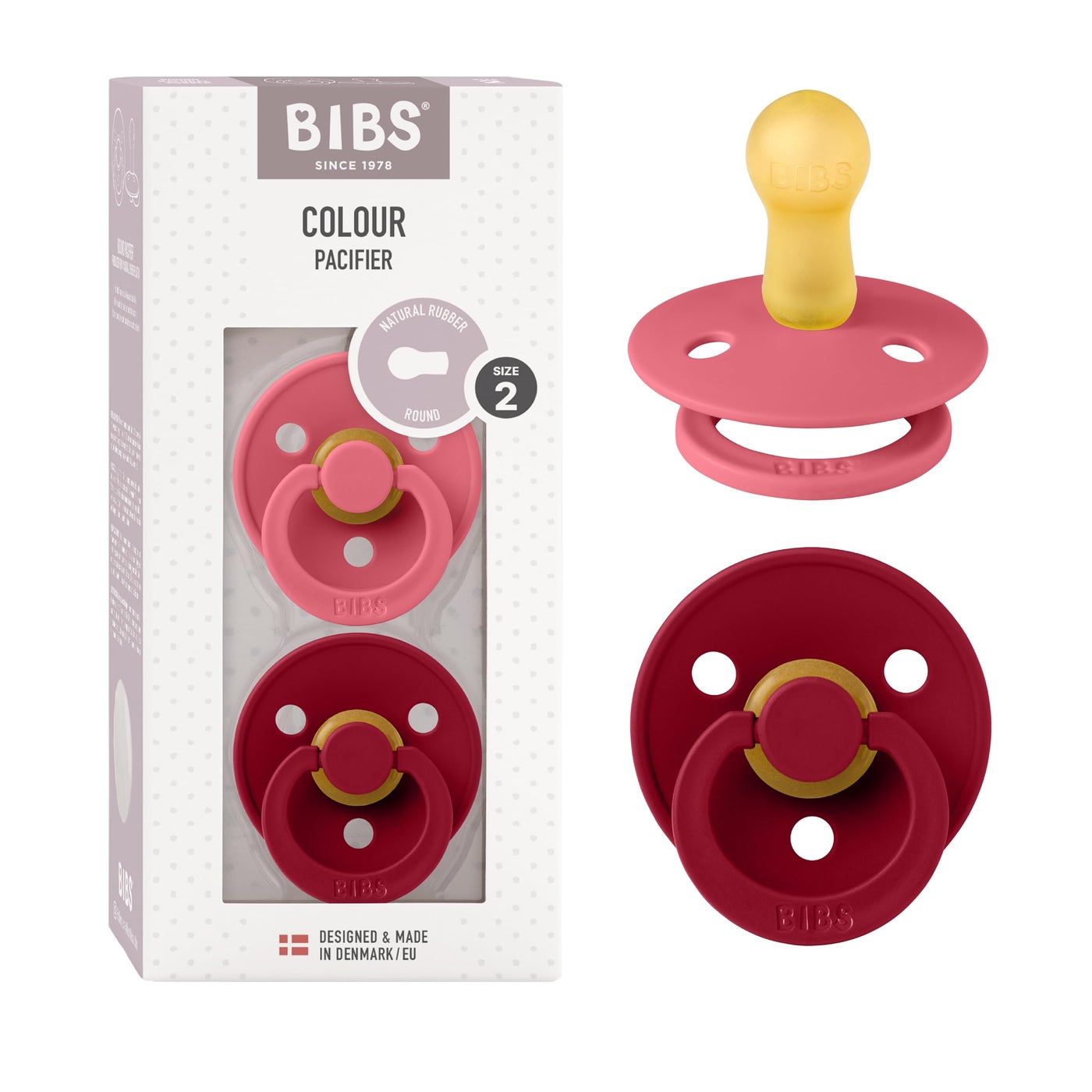 FOAMIE BIBS Colour Soother 2-Pack, BPA Free Dummy Pacifier, Round Nipple. Natural Rubber Latex, Size 2 (6-18 Months), Coral/Ruby
