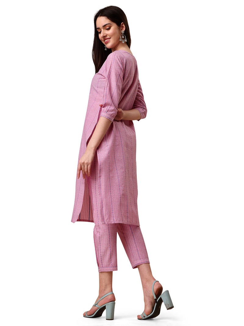 EthnicJunction Women's Cotton Woven Striped Summer Office Wear Straight Kurta with Pant Set | Co-ord Set for Women Stylish Pink - Image 5