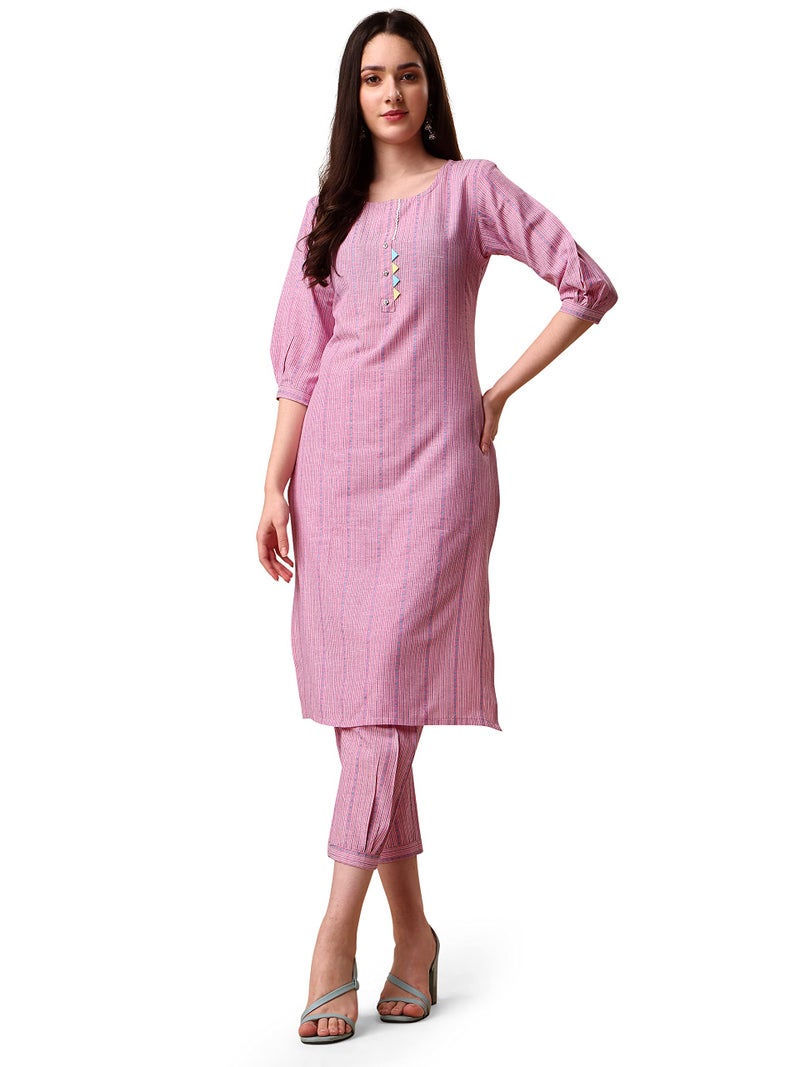 EthnicJunction Women's Cotton Woven Striped Summer Office Wear Straight Kurta with Pant Set | Co-ord Set for Women Stylish Pink - Image 1