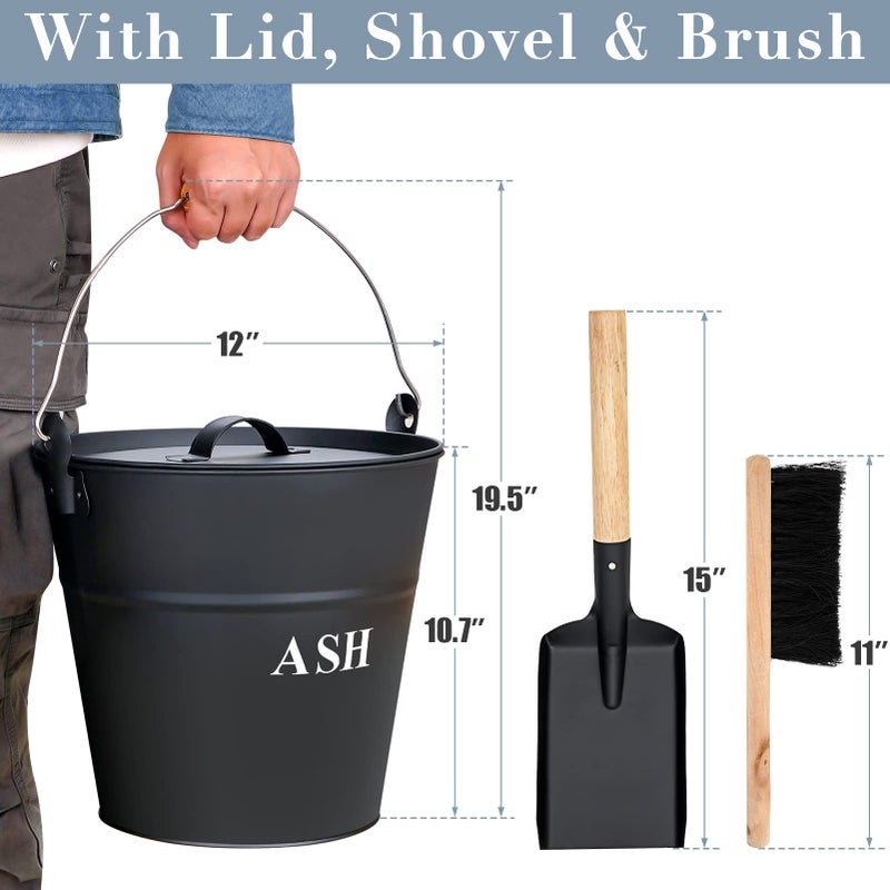 INNO STAGE Ash Bucket with Lid, Shovel, and Broom, 3.5-Gallon Metal Bucket with Lid, Fireplace Ash Bucket, Coal Bucket for Wood Stove Accessories Ash Can for Fire Pits, Hearth, Wood Burning Stoves - Image 4