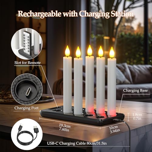 PChero 10 Pcs Rechargeable Flameless Taper Candles with Charging Station 67 LED Candles with Remote Timer Battery Operated Flickering Tapered Candlesticks for Window Wedding Christmas Home Decor - Image 3