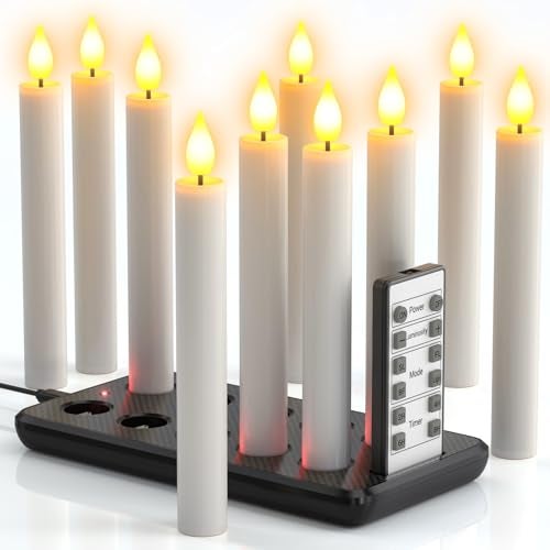 PChero 10 Pcs Rechargeable Flameless Taper Candles with Charging Station 67 LED Candles with Remote Timer Battery Operated Flickering Tapered Candlesticks for Window Wedding Christmas Home Decor - Image 1