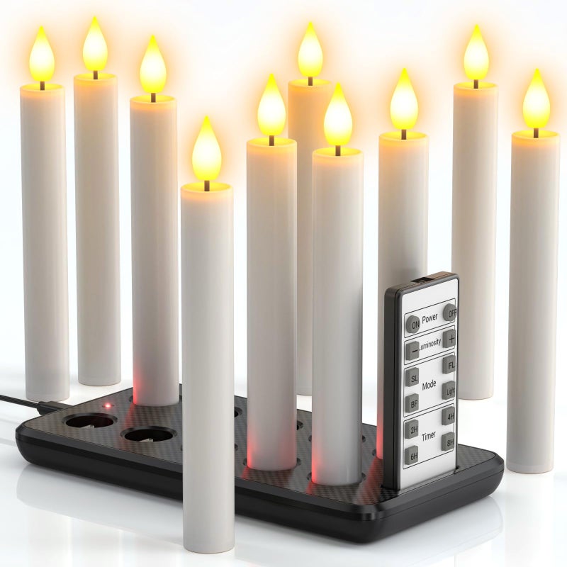 PChero 10 Pcs Rechargeable Flameless Taper Candles with Charging Station 67 LED Candles with Remote Timer Battery Operated Flickering Tapered Candlesticks for Window Wedding Christmas Home Decor - Image 2