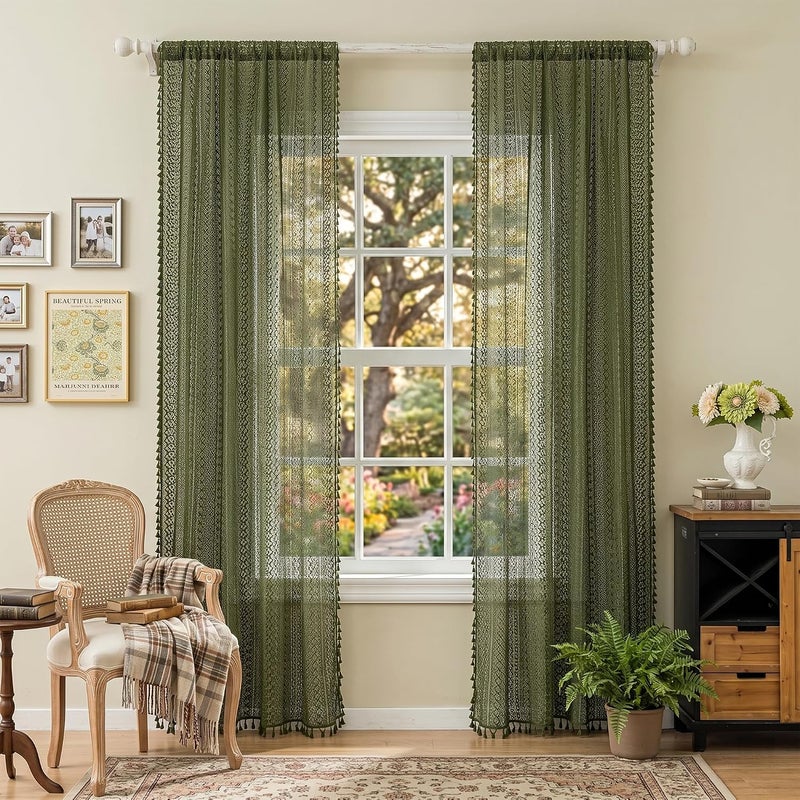 WAZZIO Olive Green Sheer Curtains 84 Inches Long 2 Panel - Light Filtering Privacy Home Decor Window Curtains Panel,Rod Pocket Cotton Blend Tassel Trim Crochet Lace Drapes for Living Room,Bedroom - Image 4