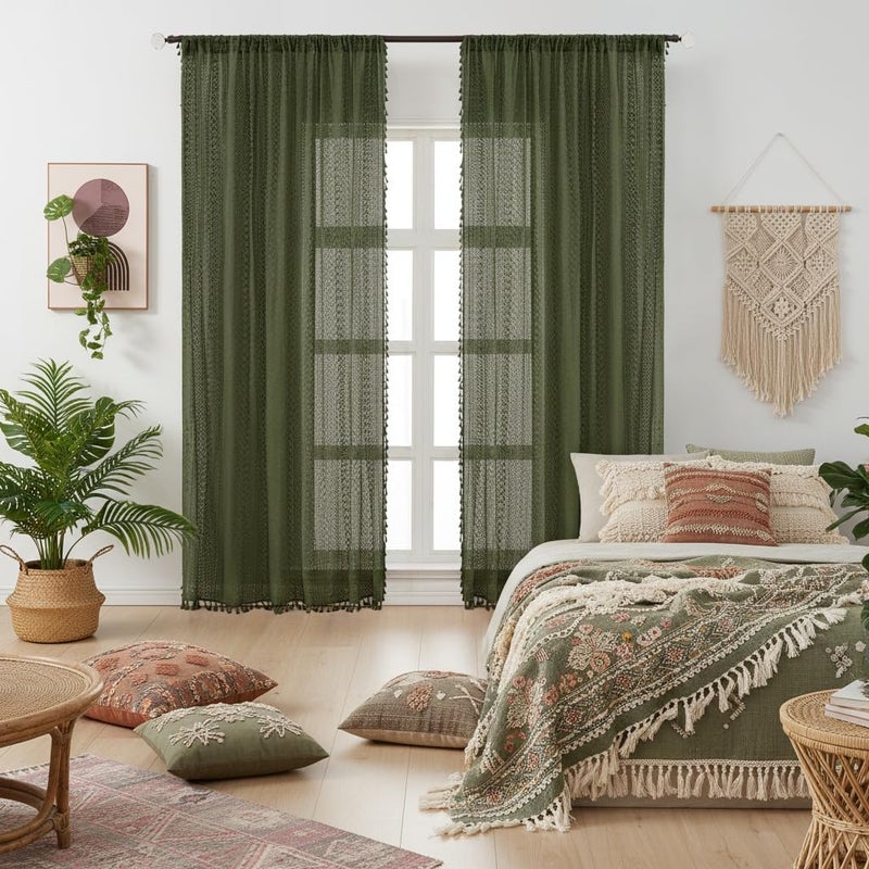 WAZZIO Olive Green Sheer Curtains 84 Inches Long 2 Panel - Light Filtering Privacy Home Decor Window Curtains Panel,Rod Pocket Cotton Blend Tassel Trim Crochet Lace Drapes for Living Room,Bedroom - Image 2