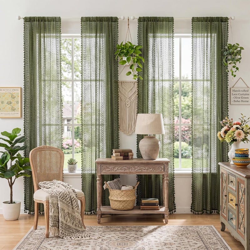 WAZZIO Olive Green Sheer Curtains 84 Inches Long 2 Panel - Light Filtering Privacy Home Decor Window Curtains Panel,Rod Pocket Cotton Blend Tassel Trim Crochet Lace Drapes for Living Room,Bedroom - Image 3