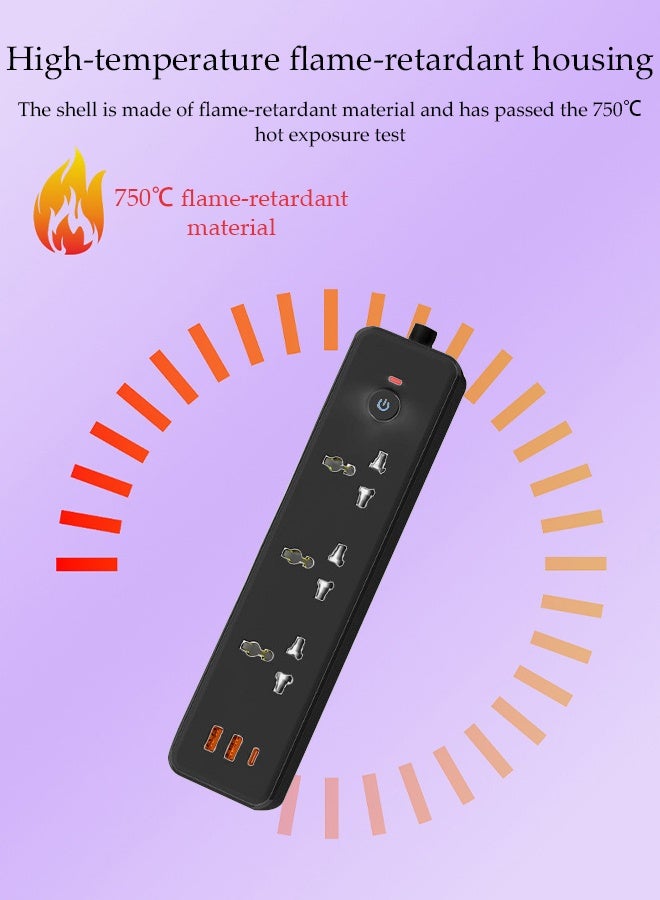 DUNISO Power Strip，6-in-1 Power Socket Extension Plug，Universal 3-Outlet Surge Protector Power Strip with 2 USB and 1 PD Charging Port，for Home，Office，Outdoor,Black - Image 4