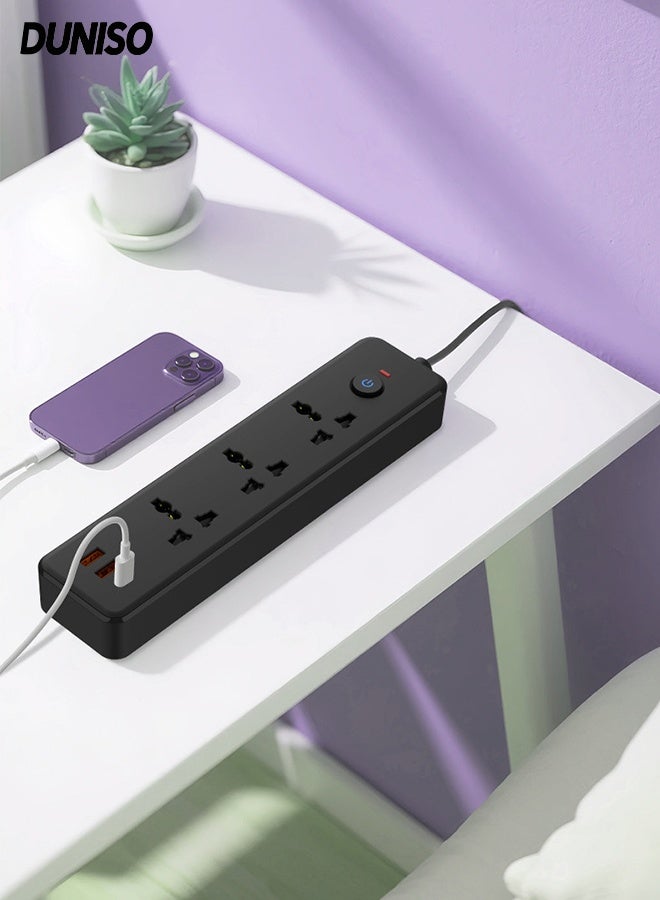 DUNISO Power Strip，6-in-1 Power Socket Extension Plug，Universal 3-Outlet Surge Protector Power Strip with 2 USB and 1 PD Charging Port，for Home，Office，Outdoor,Black - Image 1