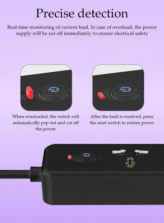 DUNISO Power Strip，6-in-1 Power Socket Extension Plug，Universal 3-Outlet Surge Protector Power Strip with 2 USB and 1 PD Charging Port，for Home，Office，Outdoor,Black - Image 5