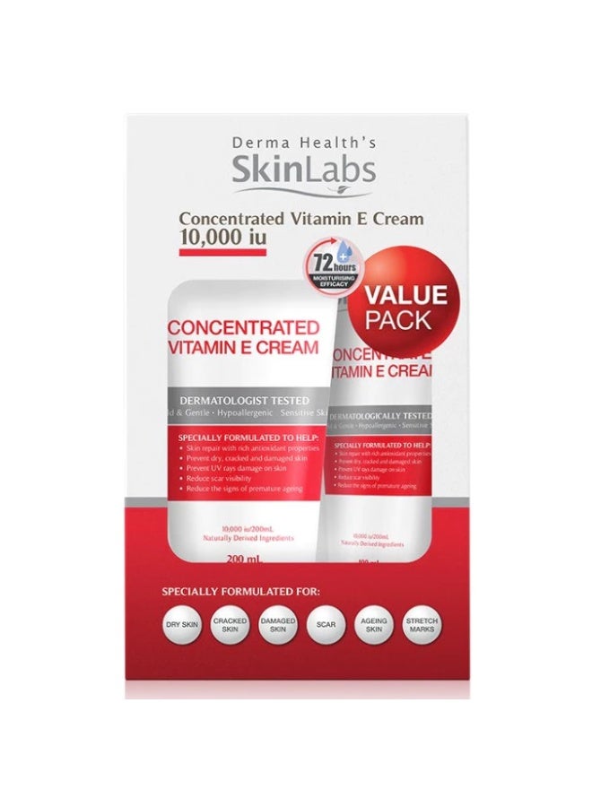 Derma Health SkinLabs Concentrated Vitamin E Cream 10,000 IU, Intensive Moisturizing & Skin Repair Cream, Non-Greasy Formula for Dry, Cracked & Damaged Skin, Sensitive Skin Care, 100ml + 200ml Combo Pack