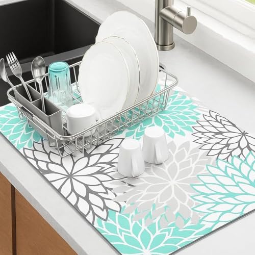 Home-Cloud HomeCloud Dish Drying Mat for Kitchen Counter Hide Stain Super Absorbent, Non-Slip, Heat-Resistant, Great for Dishes,Rack Pad, Kitchen Counter, Coffee Maker (Boho_Blue, 50x40cm) - Image 1