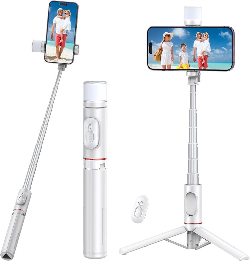 Hold Up عصا سيلفي مع حامل ثلاثي مع ضوء، عصا سيلفي قابلة للتمديد 30" وحامل هاتف مرن مع جهاز تحكم عن بعد لاسلكي أبيض - Image 1