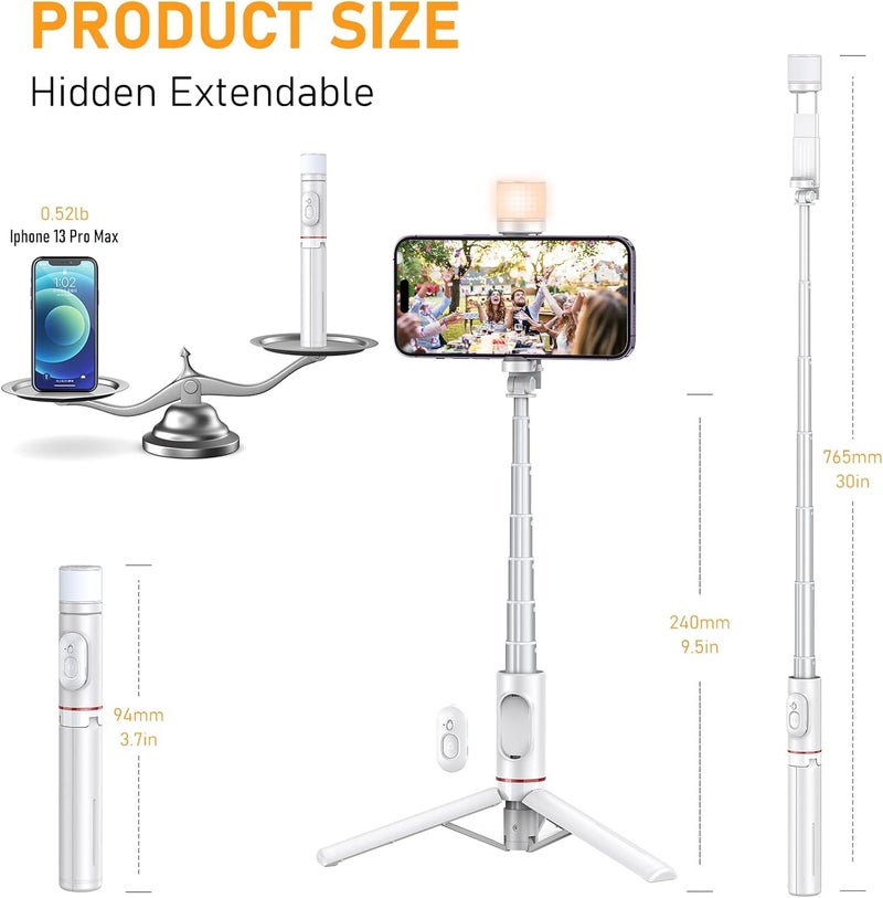 Hold Up عصا سيلفي مع حامل ثلاثي مع ضوء، عصا سيلفي قابلة للتمديد 30" وحامل هاتف مرن مع جهاز تحكم عن بعد لاسلكي أبيض - Image 3