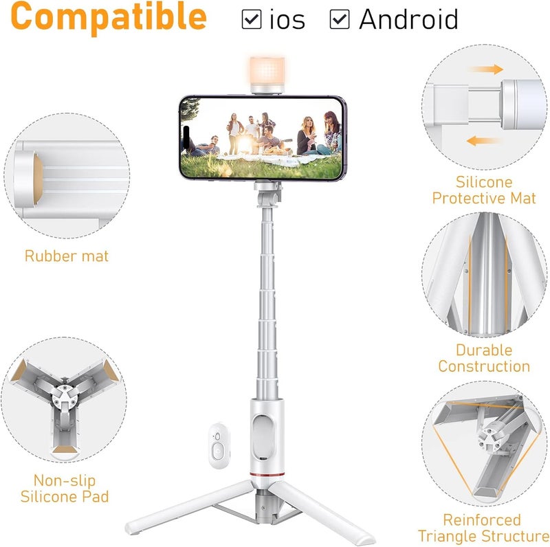 Hold Up عصا سيلفي مع حامل ثلاثي مع ضوء، عصا سيلفي قابلة للتمديد 30" وحامل هاتف مرن مع جهاز تحكم عن بعد لاسلكي أبيض - Image 4