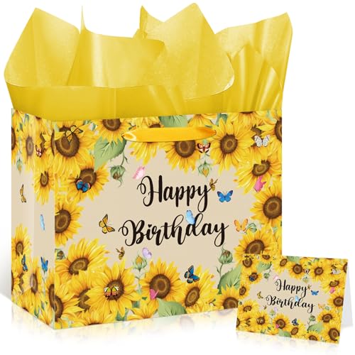 Peconal Sunflower Birthday Gift Bag for Girls Women Yellow Sunflower Paper Bag with Tissue Paper and Card Sun flower Birthday Wrapping Paper Bag for Bday Christmas Wedding Baby Bridal Shower Decorations - Image 1