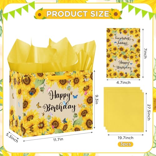 Peconal Sunflower Birthday Gift Bag for Girls Women Yellow Sunflower Paper Bag with Tissue Paper and Card Sun flower Birthday Wrapping Paper Bag for Bday Christmas Wedding Baby Bridal Shower Decorations - Image 2