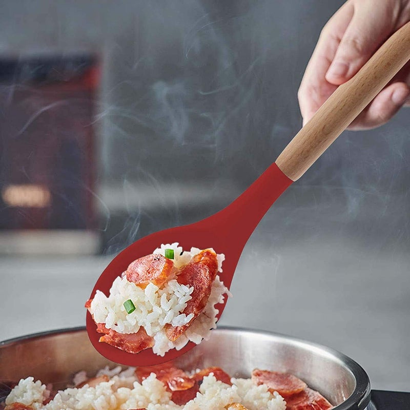 P plus fire Set of 5 Piece Silicone spatulas Cooking Utensil Set with Natural Acacia Hard Wood HandleWOODEN5APPLUS Red - Image 3