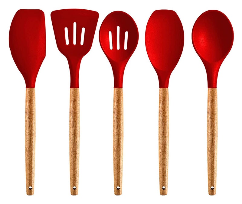 P plus fire Set of 5 Piece Silicone spatulas Cooking Utensil Set with Natural Acacia Hard Wood HandleWOODEN5APPLUS Red - Image 1