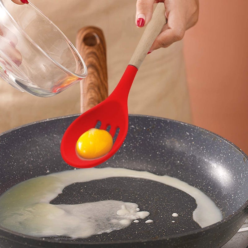 P plus fire Set of 5 Piece Silicone spatulas Cooking Utensil Set with Natural Acacia Hard Wood HandleWOODEN5APPLUS Red - Image 4