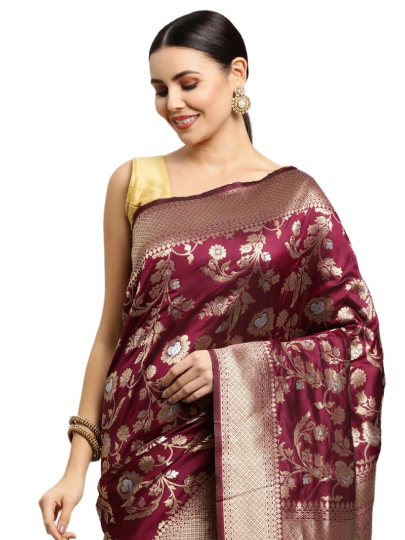 AMIRAT CLOTHING Women's Banarsi Litchi Silk Saree With Unstiched Blouse Piece (Wine) - Image 1