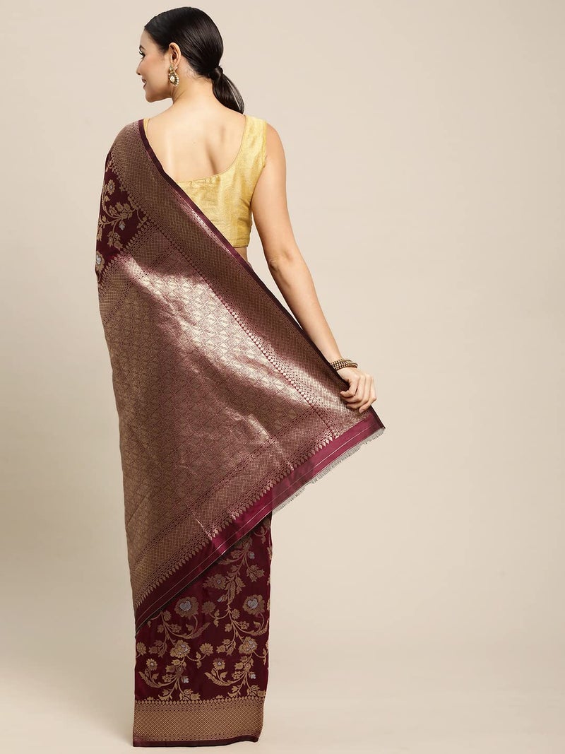AMIRAT CLOTHING Women's Banarsi Litchi Silk Saree With Unstiched Blouse Piece (Wine) - Image 4