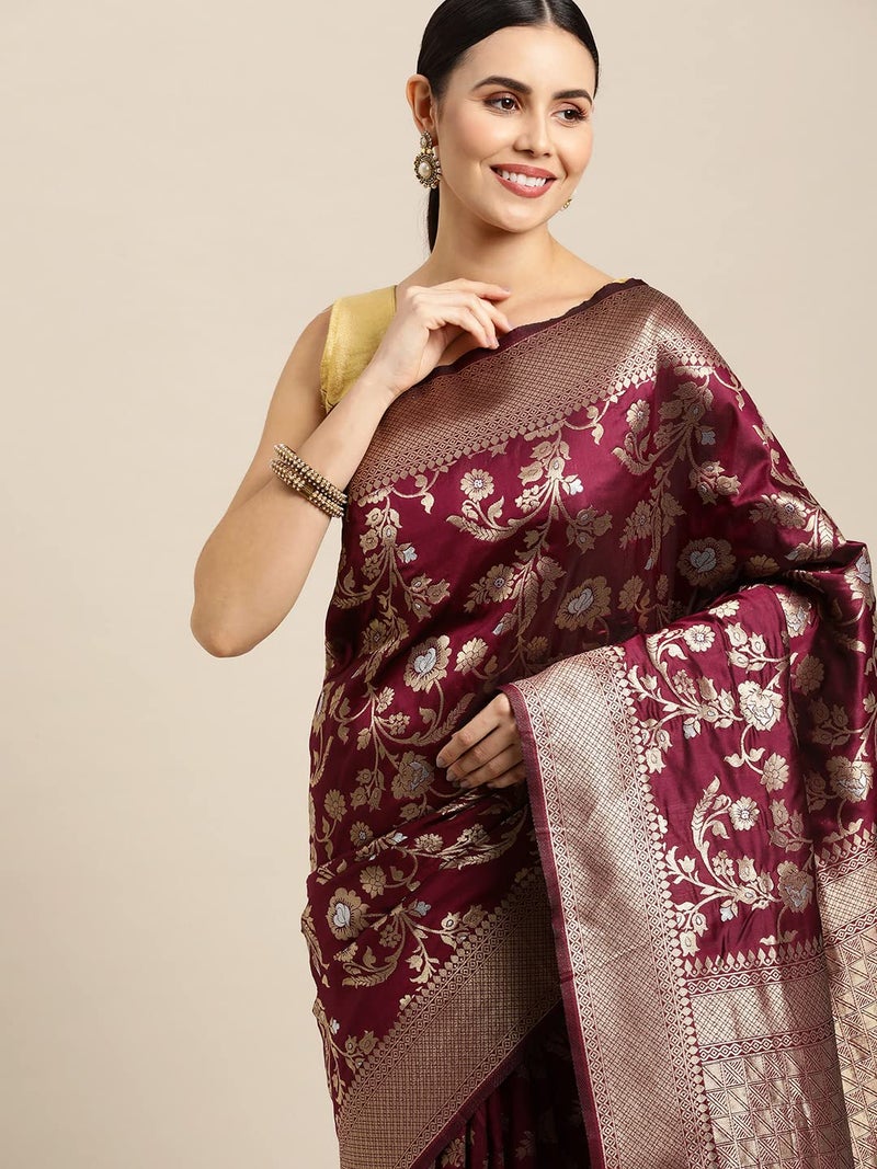 AMIRAT CLOTHING Women's Banarsi Litchi Silk Saree With Unstiched Blouse Piece (Wine) - Image 5