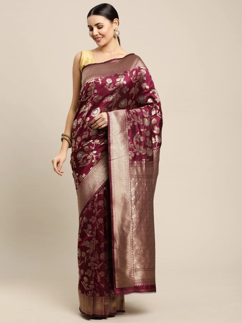 AMIRAT CLOTHING Women's Banarsi Litchi Silk Saree With Unstiched Blouse Piece (Wine) - Image 2