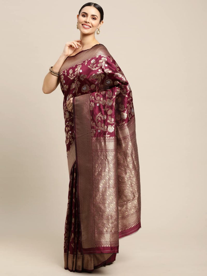 AMIRAT CLOTHING Women's Banarsi Litchi Silk Saree With Unstiched Blouse Piece (Wine) - Image 3