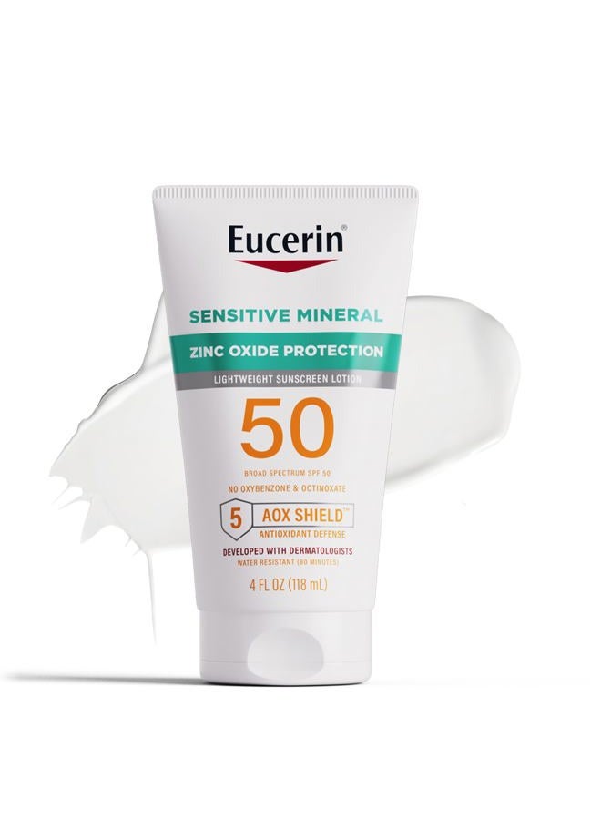 Eucerin Sun Sensitive Mineral Sunscreen Lotion SPF 50 with Zinc Oxide Protection, Hypoallergenic Sunscreen for Sensitive Skin, Oxybenzone and Octinoxate Free, 4 Fl Oz Tube - Image 1