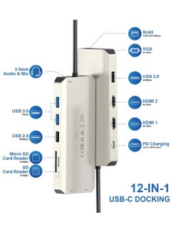 ماركة غير محددة موزع USB C قاعدة شحن 12 في 1 شاشة ثلاثية مزدوجة مع 2 HDMI VGA 100 واط PD ايثرنت 5 قارئ بطاقات SD/TF صوت لاجهزة ماك/ديل/ايسر/اتش بي/اسوس/ستيم ديك/روج الي/لينوفو لابتوب  - Image 2