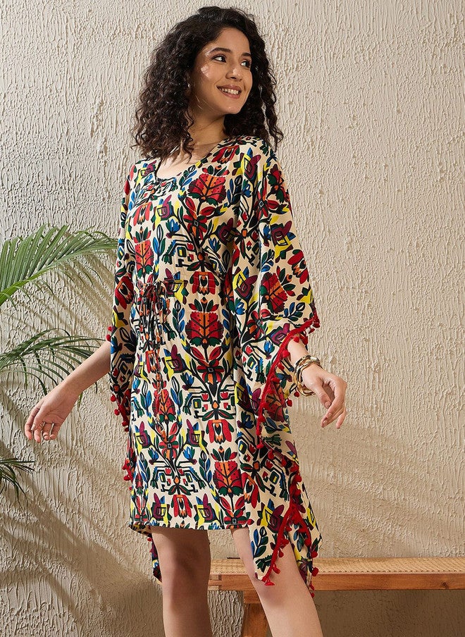 StyleStone فستان كفتان مزخرف بألوان كريمة من ستايل ستون مع تفاصيل بوم بوم - Image 3