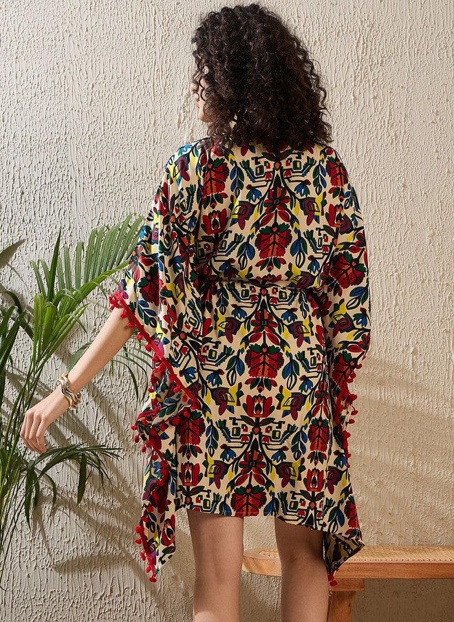 StyleStone فستان كفتان مزخرف بألوان كريمة من ستايل ستون مع تفاصيل بوم بوم - Image 4