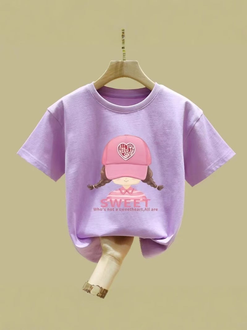 Pink Short-Sleeved Girls' T-Shirt Pure Cotton Mid-Large Children'S Round Neck Half-Sleeved Summer Children'S Top T-Shirt - Image 5