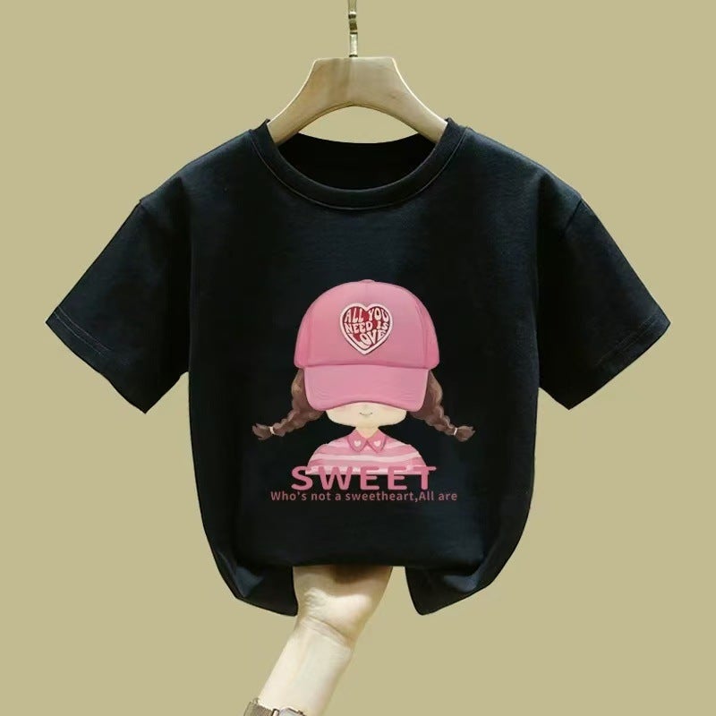 Pink Short-Sleeved Girls' T-Shirt Pure Cotton Mid-Large Children'S Round Neck Half-Sleeved Summer Children'S Top T-Shirt - Image 1