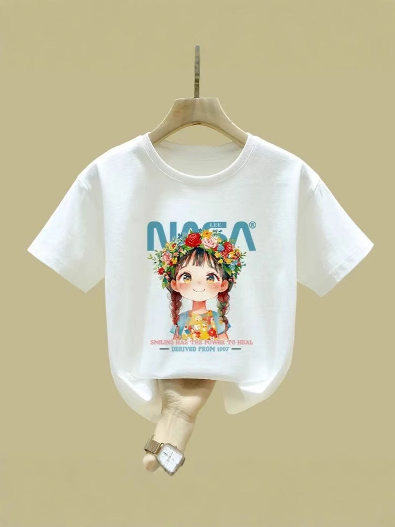 Pink Short-Sleeved Girls' T-Shirt Pure Cotton Mid-Large Children'S Round Neck Half-Sleeved Summer Children'S Top T-Shirt - Image 3