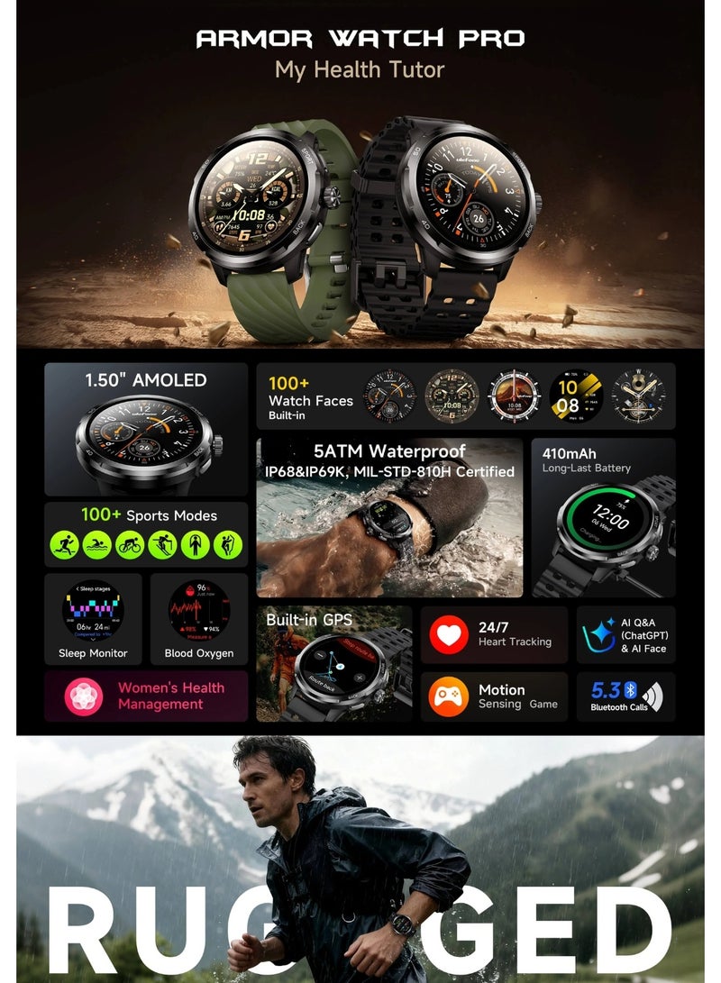 أوليفون ساعة Ulefone Armor Watch Pro الذكية والمتينة | شاشة AMOLED مقاس 1.50 بوصة | مساعد ذكي وواجهات ساعة مدعومة بالذكاء الاصطناعي | تتبع عبر نظام GPS | مقاومة للماء بمعيار 5ATM | معايير IP68/IP69K و MIL-STD-810H | بطارية بسعة 410 مللي أمبير في الساعة | مراقبة النوم ومعدل ضربات القلب ومستوى الأكسجين في الدم (SpO₂) - Image 2