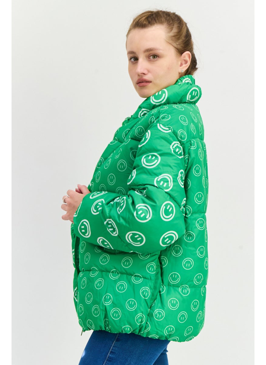 Native Youth Women Oversized Graphic Print Puffer Jacket, Green  - Image 3