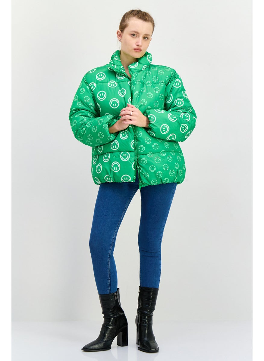 Native Youth Women Oversized Graphic Print Puffer Jacket, Green  - Image 4
