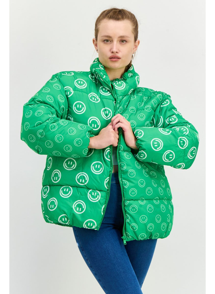 Native Youth Women Oversized Graphic Print Puffer Jacket, Green  - Image 1