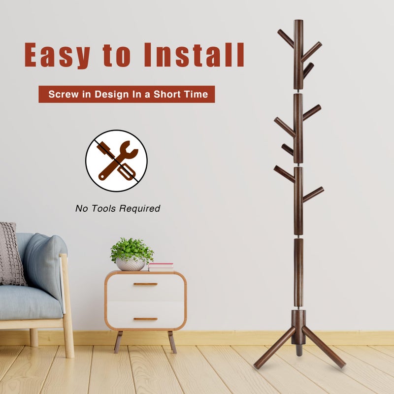 Azaeahom Coat Rack, Coat Racks Freestanding with 8 Hooks 3 Adjustable Heights for Clothes, Hats, Handbags, Coat Tree Easy Assembly for Entryway, Bedroom, Hallway, Office(Brown) - Image 5
