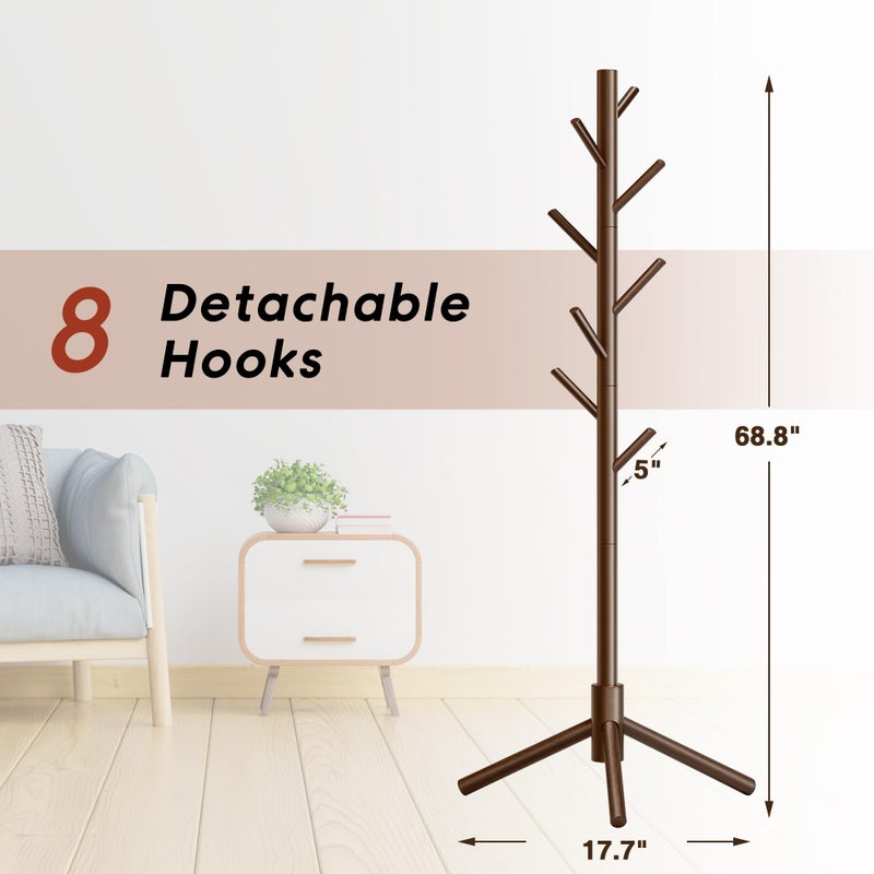 Azaeahom Coat Rack, Coat Racks Freestanding with 8 Hooks 3 Adjustable Heights for Clothes, Hats, Handbags, Coat Tree Easy Assembly for Entryway, Bedroom, Hallway, Office(Brown) - Image 4