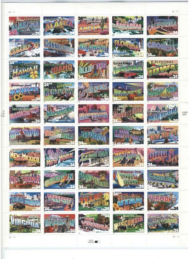USPS Greetings From America Full Sheet Of 50 34Cent State Stamps Usa 2002 Scott 35613610 - Image 1