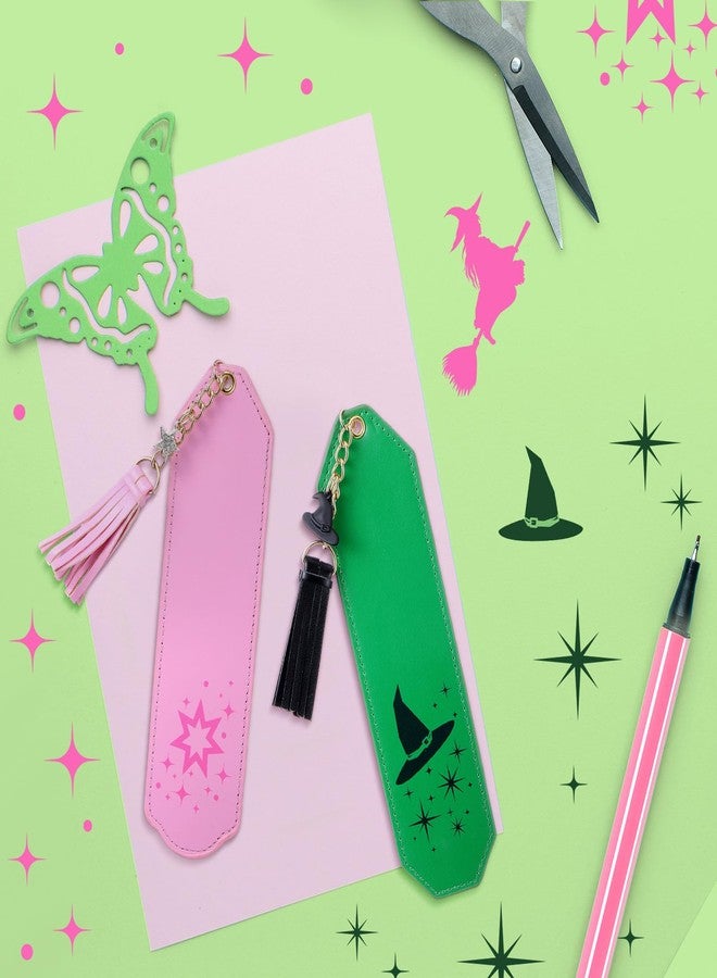 Skyygemm 2 Pcs Leather Witch Bookmark Set Print Witch Book Accessories Pink and Green Bookmark for Bookish Lover Gift Movie Musical Fans Gift Party Favors - Image 5