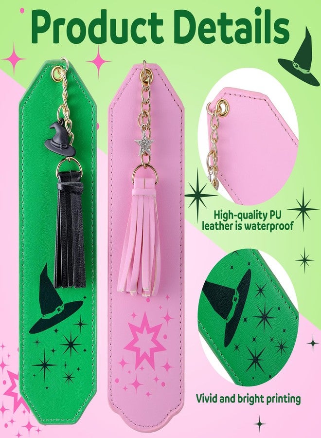 Skyygemm 2 Pcs Leather Witch Bookmark Set Print Witch Book Accessories Pink and Green Bookmark for Bookish Lover Gift Movie Musical Fans Gift Party Favors - Image 3