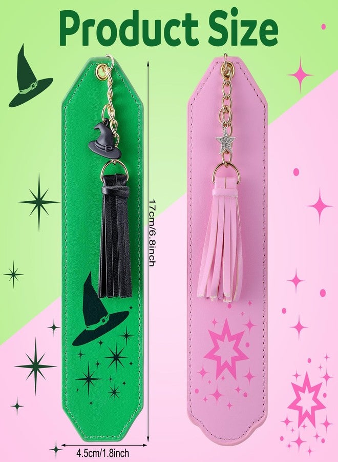 Skyygemm 2 Pcs Leather Witch Bookmark Set Print Witch Book Accessories Pink and Green Bookmark for Bookish Lover Gift Movie Musical Fans Gift Party Favors - Image 2