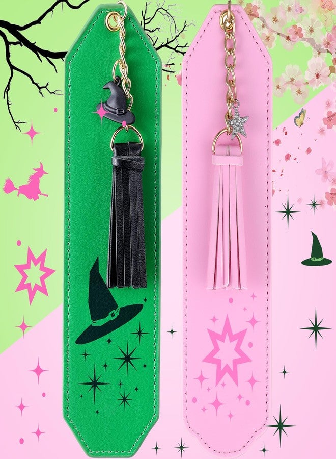 Skyygemm 2 Pcs Leather Witch Bookmark Set Print Witch Book Accessories Pink and Green Bookmark for Bookish Lover Gift Movie Musical Fans Gift Party Favors - Image 1