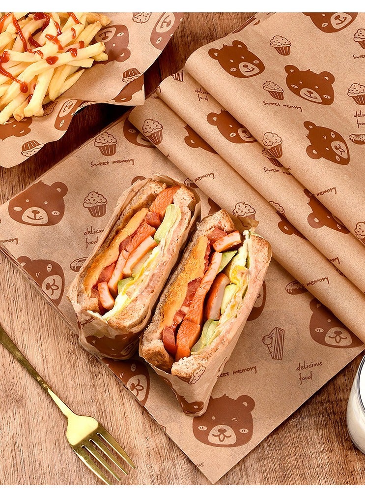 15*15cm 100 Sheets Food Grade Printed Baking Paper Cute Bear Design Greaseproof Sheet For Sandwich & Snack Wrapping,Burgers & Bakery Food Ideal For Food Trucks, Cafés, And Home Use - Image 2
