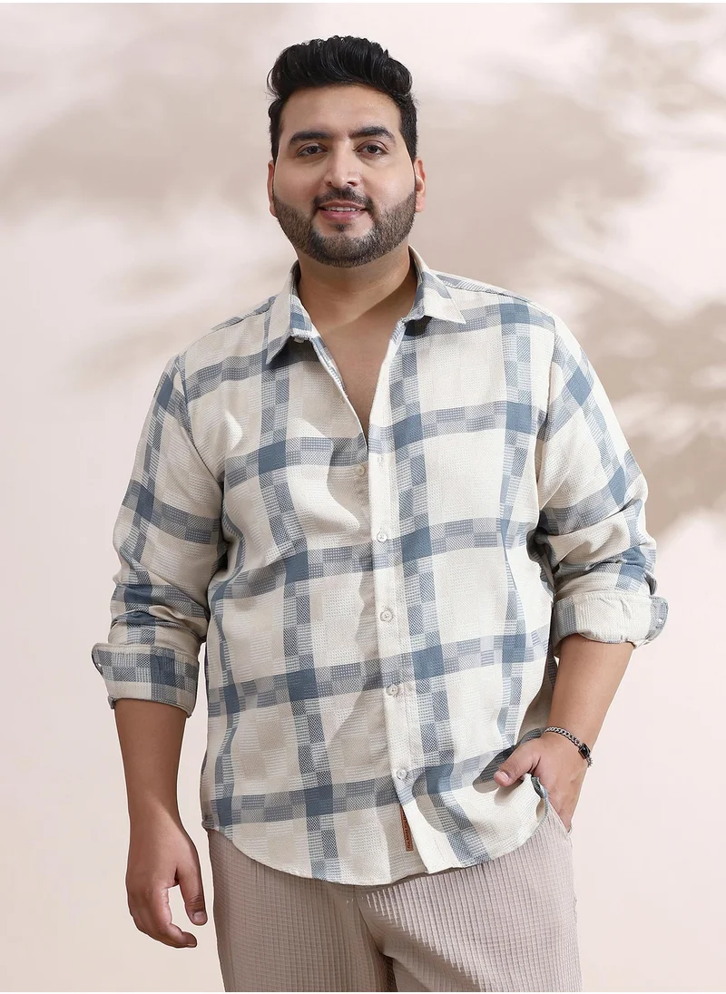 انستافاب بلس Instafab Plus Men's Icy Blue & Daisy White Block-Graph Shirt For Casual Wear | Spread Collar | Long Cuffed Sleeves | Button Closure | Plus Size Shirt Crafted With Comfort Fit For Everyday Wear
